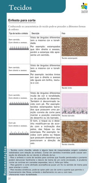 20
Enfesto para corte
Conhecendo as características do tecido pode-se proceder a diferentes formas
de enfesto:
Tecidos
Visto de ângulos diferentes
tem a mesma cor e tonali-
dade.
Por exemplo: estampados
que têm direito e avesso,
porém a estampa não apre-
senta um sentido.
Visto de ângulos diferentes
tem a mesma cor e tonali-
dade.
Por exemplo: tecidos tintos
em que o direito e avesso
são iguais em brilho, textu-
ra e cor.
Visto de ângulos diferentes
muda de cor e tonalidade,
ou de posição do desenho.
Também é denominado te-
cido com pé. Por exemplo:
tecidos estampados barra-
dos que possuem uma po-
sição correta de corte para
manter a posição coerente
do desenho ou do barrado.
O tom, o toque ou o dese-
nho modificam-se de acor-
do com a inclinação dos
pelos, das felpas ou das
estampas. Por exemplo: te-
cidos com pelos ou felpas
que possuem desenhos que
posicionam a direção de
uso.
Com pé.
Com direito e avesso.
Com sentido.
Com direito e avesso.
Sem sentido.
Sem direito e avesso.
Sem sentido.
Com direito e avesso.
- Tecidos como chenille, veludo e alguns tipos de maquinetados exigem cuidados
redobrados com relação ao enfesto. Cortar em sentidos invertidos pode causar sen-
sação de alteração de cor devido à reflexão da luz.
- Para o enfesto e corte de tecidos para cortinas que ficarão pendurados e portanto
podem denunciar facilmente o desvio de trama de um corte enviezado, é prudente
cortar as cortinas em camadas separadas, isto é, folha por folha.
- Para garantir o corte alinhado aconselha-se puxar um fio no sentido de trama para
para orientar o corte.
- Para tecidos sintéticos, pode-se optar pelo uso de corte a quente que permite o
fusionamento das fibras, evitando o desfiamento no uso e, com isso,
oferecendo maior durabilidade.
R
e
c
o
m
e
n
d
a
ç
õ
e
s
cartilhanovaok.indd 20 27/7/2011 11:07:32
 