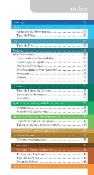 1
Introdução .
.................................................................... 02
Fibras............................................................................. 03
		 Aplicação das fibras têxteis......................................... 03
		 Tipos de Fibras.......................................................... 03
Fios................................................................................ 05
		 Tipos de Fios............................................................. 05
Tecidos.
.......................................................................... 07
Superfícies têxteis ........................................................... 07
		 Características e Propriedades..................................... 09
		 Classificação de Qualidade......................................... 12
		 Malhas na Decoração................................................. 13
		 Beneficiamento e enobrecimento................................ 14
		 Estocagem................................................................. 18
		 Enfesto...................................................................... 19
		 Corte.
........................................................................ 22
Costura.......................................................................... 23
		 Tipos de Pontos de Costura........................................ 23
		 As máquinas de costura............................................. 24
		 Acessórios................................................................. 25
Agulha: a ponta da qualidade da costura......................... 28
		 Dimensões................................................................. 28
		 A escolha da agulha certa.
.......................................... 29
Linhas para Costura - sua importância.
............................ 31
		 Resistência térmica das linhas..................................... 32
		 Tabela de linhas x tipos de costura............................. 33
Benefícios do Controle de Qualidade............................... 34
Evitando defeitos............................................................ 35
		 Costuras recomendadas.
............................................. 38
Conservação................................................................... 39
Cortinas - Partes e acessórios...................................... 41
		 Tecidos para Cortinas................................................ 45
		 Tipos de Cortinas...................................................... 46
		 Evitando defeitos....................................................... 48
Fontes de Consulta......................................................... 49
índice
cartilhanovaok.indd 1 27/7/2011 11:06:11
 