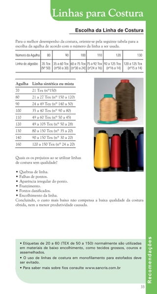 33
Escolha da Linha de Costura
Para o melhor desempenho da costura, oriente-se pela seguinte tabela para a
escolha da agulha de acordo com o número da linha a ser usada.
Número da Agulha 80 90 100 110 120 130
Linha de algodão 35 Tex 35 a 60 Tex 60 a 75 Tex 75 a 92 Tex 92 a 125 Tex 120 a 125 Tex
(Nº 50) (nº50 a 30) (nº30 a 24) (nº24 a 16) (nº16 a 14) (nº15 a 14)
Agulha Linha sintética ou mista
70 21 Tex (nº150)
80 21 a 27 Tex (nº 150 a 120)
90 24 a 49 Tex (nº 140 a 50)
100 35 a 40 Tex (nº 90 a 80)
110 49 a 60 Tex (nº 50 a 45)
120 49 a 105 Tex (nº 50 a 28)
130 80 a 150 Tex (nº 35 a 20)
140 90 a 150 Tex (nº 30 a 20)
160 120 a 150 Tex (nº 24 a 20)
Quais os os prejuízos ao se utilizar linhas
de costura sem qualidade?
• Quebras de linha.
• Falhas de pontos.
• Aparência irregular do ponto.
• Franzimento.
• Pontos danificados.
• Encolhimento da linha.
Concluindo, o custo mais baixo não compensa a baixa qualidade da costura
obtida, nem a menor produtividade causada.
Linhas para Costura
• Etiquetas de 20 a 60 (TEX de 50 a 150) normalmente são utilizadas
em materiais de baixo encolhimento, como tecidos grossos, couros e
assemelhados.
• O uso de linhas de costura em monofilamento para estofados deve
ser evitado.
• Para saber mais sobre fios consulte www.sancris.com.br
R
e
c
o
m
e
n
d
a
ç
õ
e
s
cartilhanovaok.indd 33 27/7/2011 11:07:49
 
