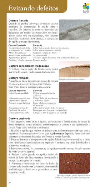 36
Costura franzida
Quando se produz diferenças de tensão ou por
problema de alimentação do tecido sobre o
calcador. Os defeitos de costuras franzidas são
frequentes em tecidos de muitos fios por centí-
metro, como seda ou microfibras, mas também
materiais recobertos. Sem dúvida, a adequação
da agulha é muito importante.
Causas Prováveis Correção
Tensão excessiva da linha Soltar mais a tensão do tensor da máquina
Muita pressão no calcador Soltar mais a pressão do calcador
Altura dos dentes do Reajustar a altura dos dentes
transportador inadequado do transportador
Agulha muito grossa Colocar a agulha de acordo com a espessura do tecido
Agulha c/ rebarba na ponta Trocar a agulha
Costura com margem inadequada
A costura muito perto da borda, com pouca
margem de tecido, pode causar desfiamento.
Costura rompida
A quebra de linha durante o processo de costura
provoca um aspecto grosseiro na costura,
bem como reduz a resistência da costura.
Causas Prováveis Correção
Linhas de má qualidade Utilizar somente linhas de 		
			 qualidade
Linha mais grossa do que Utilizar linha de acordo com
a espessura da agulha o orifício da agulha
Passagem errada da linha Passar a linha corretamente 		
			 na máquina
Tensão excessiva do fio Soltar mais a tensão do fio no tensor
Qualidade da agulha Trocar por uma linha de boa qualidade
Danos térmicos na linha Adequar o tipo de agulha a ser utilizada
Costura queimada
Atrito excessivo entre linha e agulha, que ocasiona o derretimento de linhas de
fibras sintéticas, como poliéster, interrompendo a costura e até queimando o
tecido. Veja como resolver o problema:
1. Escolha a agulha que melhor se aplica e que pode minimizar a fricção com a
superfície. Podemos recomendar as com Acabamento Especial, feitas com uma
cobertura de materiais baseados em fosfato e resina fluorada.
2. Pode-se diminuir a temperatura da agulha lubrificando o material ou a linha
com lubrificante especializado, ou expondo o material ou linha lubrificados a
polimento e radiação.
3. Previna o aumento da temperatura da agulha com esfriamento forçado através
de sopro de ar na agulha.
4. Reduza o calor gerado na agulha abaixo do
ponto de fusão da fibra sintética diminuindo a
rotação da máquina de costura.
5. Aumente a resistência ao calor da linha de
costura e do tecido a ser costurado, aumentando
a lubrificação da linha ou a quantidade de ama-
ciante no tecido.
Evitando defeitos
Furos gerados pela queima (fusão) das fibras
sintéticas, causados pela agulha superaquecida.
Margem de costura muito estreita.
cartilhanovaok.indd 36 27/7/2011 11:08:02
 