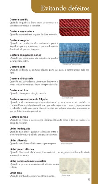 37
Evitando defeitos
Costura sem fio
Quando se quebra a linha antes de costurar e a
costureira continua a costurar.
Costura sem costura
Quando a costureira se esquece de fazer a costura.
Costura irregular
Quando se produzem alternadamente pontos
folgados e pontos apertados, o que resulta numa
densidade de pontos irregular.
Costura com pontos soltos
Quando por mau ajuste da máquina se produz
algum ponto solto.
Costura solta
Quando se deixou de costurar alguma parte das peças a serem unidas pela cos-
tura.
Costura não-casada
Quando não coincidem as dimensões das partes a
serem unidas ou estas não foram bem posicionadas.
Costura torcida
Quando não segue a direção devida.
Costura excessivamente folgada
Quando se deixa uma margem demasiadamente grande entre a extremidade e a
costura. Deve ser folgada o suficiente para dar segurança contra o esgarçamento
e reduzida o suficiente para não apresentar um volume excessivo nas costuras
que as deixem muito grosseiras.
Costura partida
Quando se rompe a costura por incompatibilidade entre o tipo de tecido e a
linha de costurar.
Linha inadequada
Quando não existe qualquer afinidade entre a
estrutura do tecido e a linha utilizada na costura.
Linha diferente
Quando se utilizou a linha errada por engano.
Linha pouco elástica
Quando falta elasticidade e esta é necessária à costura, por exemplo em locais de
alto tracionamento.
Linha demasiadamente elástica
Quando se produz uma costura defeituosa ao en-
colher.
Linha suja
Quando a linha de costurar contém sujeiras.
Costura com pontos soltos
Costura torcida
Linha diferente
Linha suja
cartilhanovaok.indd 37 27/7/2011 11:08:04
 