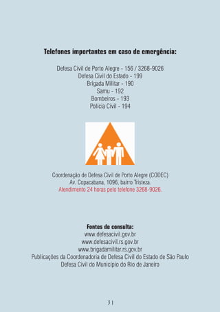Telefones importantes em caso de emergência:

          Defesa Civil de Porto Alegre - 156 / 3268-9026
                   Defesa Civil do Estado - 199
                        Brigada Militar - 190
                            Samu - 192
                          Bombeiros - 193
                         Polícia Civil - 194




        Coordenação de Defesa Civil de Porto Alegre (CODEC)
               Av. Copacabana, 1096, bairro Tristeza.
          Atendimento 24 horas pelo telefone 3268-9026.




                       Fontes de consulta:
                      www.defesacivil.gov.br
                     www.defesacivil.rs.gov.br
                   www.brigadamilitar.rs.gov.br
Publicações da Coordenadoria de Defesa Civil do Estado de São Paulo
            Defesa Civil do Município do Rio de Janeiro
 
