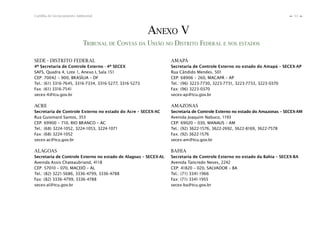 53Cartilha de Licenciamento Ambiental
n
n
ANEXO V
TRIBUNAL DE CONTAS DA UNIÃO NO DISTRITO FEDERAL E NOS ESTADOS
SEDE - DISTRITO FEDERAL
4ª Secretaria de Controle Externo - 4ª SECEX
SAFS, Quadra 4, Lote 1, Anexo I, Sala 151
CEP: 70042 – 900, BRASÍLIA – DF
Tel.: (61) 3316-7645, 3316-7334, 3316-5277, 3316-5273
Fax: (61) 3316-7541
secex-4@tcu.gov.br
ACRE
Secretaria de Controle Externo no estado do Acre – SECEX-AC
Rua Guiomard Santos, 353
CEP: 69900 – 710, RIO BRANCO – AC
Tel.: (68) 3224-1052, 3224-1053, 3224-1071
Fax: (68) 3224-1052
secex-ac@tcu.gov.br
ALAGOAS
Secretaria de Controle Externo no estado de Alagoas – SECEX-AL
Avenida Assis Chateaubriand, 4118
CEP: 57010 – 070, MACEIÓ – AL
Tel.: (82) 3221-5686, 3336-4799, 3336-4788
Fax: (82) 3336-4799, 3336-4788
secex-al@tcu.gov.br
AMAPÁ
Secretaria de Controle Externo no estado do Amapá – SECEX-AP
Rua Cândido Mendes, 501
CEP: 68906 – 260, MACAPÁ – AP
Tel.: (96) 3223-7730, 3223-7731, 3223-7733, 3223-0370
Fax: (96) 3223-0370
secex-ap@tcu.gov.br
AMAZONAS
Secretaria de Controle Externo no estado do Amazonas – SECEX-AM
Avenida Joaquim Nabuco, 1193
CEP: 69020 – 030, MANAUS – AM
Tel.: (92) 3622-1576, 3622-2692, 3622-8169, 3622-7578
Fax: (92) 3622-1576
secex-am@tcu.gov.br
BAHIA
Secretaria de Controle Externo no estado da Bahia – SECEX-BA
Avenida Tancredo Neves, 2242
CEP: 41820 – 020, SALVADOR – BA
Tel.: (71) 3341-1966
Fax: (71) 3341-1955
secex-ba@tcu.gov.br
 