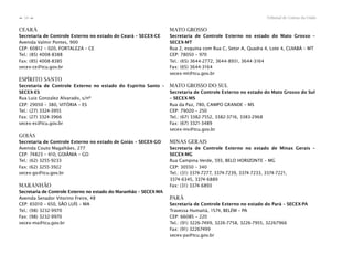 Tribunal de Contas da União54
n
n
CEARÁ
Secretaria de Controle Externo no estado do Ceará – SECEX-CE
Avenida Valmir Pontes, 900
CEP: 60812 – 020, FORTALEZA – CE
Tel.: (85) 4008-8388
Fax: (85) 4008-8385
secex-ce@tcu.gov.br
ESPÍRITO SANTO
Secretaria de Controle Externo no estado do Espírito Santo –
SECEX-ES
Rua Luiz Gonzalez Alvarado, s/nº
CEP: 29050 – 380, VITÓRIA – ES
Tel.: (27) 3324-3955
Fax: (27) 3324-3966
secex-es@tcu.gov.br
GOIÁS
Secretaria de Controle Externo no estado de Goiás – SECEX-GO
Avenida Couto Magalhães, 277
CEP: 74823 – 410, GOIÂNIA – GO
Tel.: (62) 3255-9233
Fax: (62) 3255-3922
secex-go@tcu.gov.br
MARANHÃO
Secretaria de Controle Externo no estado do Maranhão – SECEX-MA
Avenida Senador Vitorino Freire, 48
CEP: 65010 – 650, SÃO LUÍS – MA
Tel.: (98) 3232-9970
Fax: (98) 3232-9970
secex-ma@tcu.gov.br
MATO GROSSO
Secretaria de Controle Externo no estado do Mato Grosso –
SECEX-MT
Rua 2, esquina com Rua C, Setor A, Quadra 4, Lote 4, CUIABÁ – MT
CEP: 78050 – 970
Tel.: (65) 3644-2772, 3644-8931, 3644-3164
Fax: (65) 3644-3164
secex-mt@tcu.gov.br
MATO GROSSO DO SUL
Secretaria de Controle Externo no estado do Mato Grosso do Sul
– SECEX-MS
Rua da Paz, 780, CAMPO GRANDE – MS
CEP: 79020 – 250
Tel.: (67) 3382-7552, 3382-3716, 3383-2968
Fax: (67) 3321-3489
secex-ms@tcu.gov.br
MINAS GERAIS
Secretaria de Controle Externo no estado de Minas Gerais –
SECEX-MG
Rua Campina Verde, 593, BELO HORIZONTE – MG
CEP: 30550 – 340
Tel.: (31) 3374-7277, 3374-7239, 3374-7233, 3374-7221,
3374-6345, 3374-6889
Fax: (31) 3374-6893
PARÁ
Secretaria de Controle Externo no estado do Pará – SECEX-PA
Travessa Humaitá, 1574, BELÉM – PA
CEP: 66085 – 220
Tel.: (91) 3226-7499, 3226-7758, 3226-7955, 32267966
Fax: (91) 32267499
secex-pa@tcu.gov.br
 