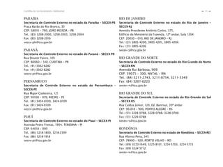 55Cartilha de Licenciamento Ambiental
n
n
PARAÍBA
Secretaria de Controle Externo no estado da Paraíba – SECEX-PB
Praça Barão do Rio Branco, 33
CEP: 58010 – 760, JOÃO PESSOA – PB
Tel.: (83) 3208-2000, 3208-2003, 3208-2004
Fax: (83) 3208-2016
secex-pb@tcu.gov.br
PARANÁ
Secretaria de Controle Externo no estado do Paraná – SECEX-PR
Rua Doutor Faivre, 105
CEP: 80060 – 140, CURITIBA – PR
Tel.: (41) 3362-8282
Fax: (41) 3362-8282
secex-pr@tcu.gov.br
PERNAMBUCO
Secretaria de Controle Externo no estado de Pernambuco –
SECEX-PE
Rua Major Codeceira, 121
CEP: 50100 – 070, RECIFE – PE
Tel.: (81) 3424-8100, 3424-8109
Fax: (81) 3424-8109
secex-pe@tcu.gov.br
PIAUÍ
Secretaria de Controle Externo no estado do Piauí – SECEX-PI
Avenida Pedro Freitas, 1904, TERESINA – PI
CEP: 64018 – 000
Tel.: (86) 3218-1800, 3218-2399
Fax: (86) 3218-1918
secex-pi@tcu.gov.br
RIO DE JANEIRO
Secretaria de Controle Externo no estado do Rio de Janeiro –
SECEX-RJ
Avenida Presidente Antônio Carlos, 375,
Edifício do Ministério da Fazenda, 12º andar, Sala 1204
CEP: 20030 – 010, RIO DE JANEIRO – RJ
Tel.: (21) 3805-4200, 3805-4201, 3805-4206
Fax: (21) 3805-4206
secex-rj@tcu.gov.br
RIO GRANDE DO NORTE
Secretaria de Controle Externo no estado do Rio Grande do Norte
– SECEX-RN
Avenida Rui Barbosa, 909
CEP: 59075 – 300, NATAL – RN
Tel.: (84) 3211-2743, 3211-8754, 3211-3349
Fax: (84) 3201-6223
secex-rn@tcu.gov.br
RIO GRANDE DO SUL
Secretaria de Controle Externo no estado do Rio Grande do Sul
– SECEX-RS
Rua Caldas Júnior, 120, Ed. Banrisul, 20º andar
CEP: 90.018 – 900, PORTO ALEGRE – RS
Tel.: (51) 3228-0788, 3228-0788, 3228-0788
Fax: (51) 3228-0788
secex-rs@tcu.gov.br
RONDÔNIA
Secretaria de Controle Externo no estado de Rondônia – SECEX-RO
Rua Afonso Pena, 345
CEP: 78900 – 020, PORTO VELHO – RO
Tel.: (69) 3223-1649, 3223-8101, 3224-5703, 3224-5713
Fax: (69) 3224-5712
secex-ro@tcu.gov.br
 