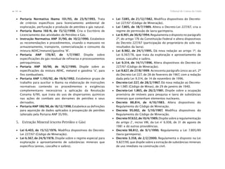 Tribunal de Contas da União66
n
n
∙ Portaria Normativa Ibama 101/93, de 23/9/1993. Trata
de critérios específicos para licenciamento ambiental de
exploração, perfuração e produção de petróleo e gás natural.
∙ Portaria Ibama 166-N, de 15/12/1998. Cria o Escritório de
Licenciamento das atividades de Petróleo e Gás.
∙ Instrução Normativa ANP 31/90, de 10/2/1990. Estabelece
as recomendações e procedimentos, visando o manuseio no
armazenamento, transporte, comercialização e consumo da
mistura AEHC/metanol/gasolina “A”.
∙ Portaria ANP 170/87, de 1/7/1987. Dispõe sobre
especificações do gás residual de refinarias e processamentos
petroquímicos.
∙ Portaria ANP 30/90, de 16/2/1990. Dispõe sobre as
especificações da mistura AEHC, metanol e gasolina “a”, para
fins combustíveis.
∙ Portaria ANP 1.193/92, de 19/6/1992. Estabelece grupo de
trabalho para auxiliar o Ibama na elaboração de instruções
normativas contendo os procedimentos e exigências
complementares necessários a aplicação da Resolução
Conama 6/90, que trata do uso de dispersantes químicos
nas ações de combate aos derrames de petróleo e seus
derivados.
∙ Portaria ANP 188/98, de 18/12/1998. Estabelece as definições
para aquisição de dados aplicados à prospecção de petróleo
(alterado pela Portaria ANP 35/99).
5. Extração Mineral (exceto Petróleo e Gás)
∙ Lei 6.403, de 15/12/1976. Modifica dispositivos do Decreto-
Lei 227/67 (Código de Mineração).
∙ Lei 6.567, de 24/9/1978. Dispõe sobre o regime especial para
exploração e aproveitamento de substâncias minerais que
especifica (areias, cascalho e saibro).
∙ Lei 7.085, de 21/12/1982. Modifica dispositivos do Decreto-
Lei 227/67 (Código de Mineração).
∙ Lei 7.805, de 18/7/1989. Altera o Decreto-Lei 227/67, cria o
regime de permissão de lavra garimpeira.
∙ Lei 8.901, de 30/6/1994. Regulamenta o disposto no parágrafo
2º, do artigo 176 da Constituição Federal e altera dispositivos
do Decreto 227/67 (participação do proprietário do solo nos
resultados da lavra).
∙ Lei 8.982, de 24/1/1995. Dá nova redação ao artigo 1º, da
Lei 6.567/78, que trata da exploração e aproveitamento de
areias, cascalho e saibro.
∙ Lei 9.314, de 14/11/1996. Altera dispositivos do Decreto-Lei
227/67 (Código de Mineração).
∙ Lei 9.827, de 27/8/1999. Acrescenta parágrafo único ao art. 2º
do Decreto-Lei 227, de 28 de fevereiro de 1967, com a redação
dada pela Lei 9.314, de 14 de novembro de 1996.
∙ Decreto-Lei 227, de 28/2/1967. Dá nova redação ao Decreto-
lei 1.985 (Código de Minas), de 29 de janeiro de 1940.
∙ Decreto-Lei 1.865, de 26/2/1981. Dispõe sobre a ocupação
provisória de imóveis para pesquisa e lavra de substâncias
minerais que contenham elementos nucleares.
∙ Decreto 88.814, de 4/10/1983. Altera dispositivos do
Regulamento do Código de Mineração.
∙ Decreto 95.002, de 5/10/1987. Modifica dispositivos do
Regulamento do Código de Mineração.
∙ Decreto 97.632, de 10/4/1989. Dispõe sobre a regulamentação
do artigo 2°, inciso VIII, da Lei n° 6.938, de 31 de agosto de
1981 e dá outras providências.
∙ Decreto 98.812, de 9/1/1990. Regulamenta a Lei 7.805/89
(lavra garimpeira).
∙ Decreto 3.358, de 2/2/2000. Regulamenta o disposto na Lei
9.827/99, que dispõe sobre a extração de substâncias minerais
de uso imediato na construção civil.
 