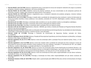 Tribunal de Contas da União68
n
n
∙ Decreto 88.821, de 6/10/1983. Aprova o regulamento para a execução do serviço de transporte rodoviário de cargas ou produtos
perigosos, inclusive resíduos radioativos e dá outras providências.
∙ Decreto 90.857, de 24/1/1985. Estabelece reserva de minérios nucleares, de seus concentrados ou de compostos químicos de
elementos nucleares, dispõe sobre estoque de material fértil e físsil especial.
∙ Decreto 96.044, de 18/5/1988. Aprova o regulamento para o transporte rodoviário de produtos perigosos, inclusive resíduos
radioativos e dá outras providências.
∙ Decreto 97.211, de 12/12/1988. Promulga o tratado sobre a proibição de colocação de armas nucleares e outros de destruição em
massa nos fundos marinhos e leitos oceânicos e nos subsolos, concluído em 11/2/1971, Washington, Londres e Moscou, assinado
em 3/9/1971.
∙ Decreto 8, de 15/1/1991. Promulga a convenção sobre assistência no caso de acidente nuclear ou emergência radiológica.
∙ Decreto 9, de 15/1/1991. Promulga a convenção sobre pronta notificação de acidente nuclear.
∙ Decreto 95, de 16/4/1991. Promulga a convenção sobre a proteção física do material nuclear.
∙ Decreto 2.210, de 22/4/1997. Regulamenta o Decreto 1.809/80, que institui o Sistema de Proteção ao Programa Nuclear Brasileiro
(Sipron) e dá outras providências.
∙ Decreto 2.413, de 4/12/1997. Dispõe sobre as atribuições da Comissão Nacional de Energia Nuclear nas atividades de industrialização,
importação e exportação de minerais e minérios de lítio e seus derivados.
∙ Decreto 2.648, de 1/7/1998. Promulga o Protocolo da Conservação de Segurança Nuclear, assinado em Viena,
em 20/09/94.
∙ Decreto Legislativo 30, de 5/8/1964. Aprova o Tratado de Proscrição das Experiências com Armas Nucleares na Atmosfera, no Espaço
Cósmico e sob a Água, assinado em 1963.
∙ Decreto Legislativo 50, de 27/11/1984. Aprova o texto da convenção sobre a proteção física do material nuclear, Viena, a 15 de
maio de 1981.
∙ Decreto Legislativo 2, de 11/2/1988. Aprova o texto dos tratados sobre a proibição de colocação de armas nucleares e outras de
destruição em massa nos fundos marinhos e leitos oceânicos e nos seus subsolos, concluído a 11 de fevereiro de 1971, nas cidades
de Moscou, Londres e Washington, e assinado pelo Brasil a 3 de setembro de 1971.
∙ Decreto Legislativo 24, de 29/8/1990. Aprova os textos da Convenção Sobre Pronta Notificação de Acidente Nuclear e da
Convenção Sobre Assistência no Caso de Acidente Nuclear ou Emergência Radiológica, aprovadas durante a sessão especial da
Conferência-Geral da Agência Internacional de Energia Atômica, em Viena de 24 a 27 de setembro de 1986.
∙ Decreto Legislativo 93, de 23/12/1992. Aprova o texto da Convenção de Viena sobre responsabilidade civil por danos nucleares,
concluída em Viena, a 21 de maio de 1963.
∙ Decreto Legislativo 911, de 3/9/1993. Promulga a Convenção de Viena sobre responsabilidade civil por danos nucleares de
21/5/1963.
∙ Resolução Conama 21/86, de 18/9/1986. Dispõe sobre a apresentação pela CNEN de Rima das centrais termonucleares de Angra
do Reis/RJ.
 