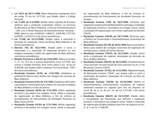 Tribunal de Contas da União70
n
n
∙ Lei 7.875, de 20/11/1989. Altera dispositivo (parágrafo único
do artigo 5º) da Lei 4.771/65, que dispõe sobre o Código
Florestal.
∙ Lei 11.284, de 2/3/2006. Dispõe sobre a gestão de florestas
públicas para a produção sustentável; institui, na estrutura
do Ministério do Meio Ambiente, o Serviço Florestal Brasileiro
– SFB, cria o Fundo Nacional de Desenvolvimento Florestal –
FNDF, altera as Leis 10.683/03, 5.868/72, 9.605/98, 4.771/65,
6.938/81, e 6.015/73 e dá outras providências.
∙ Lei 11.428, de 22/12/2006. Dispõe sobre a utilização e
proteção da vegetação nativa do Bioma Mata Atlântica e dá
outras providências.
∙ Decreto 750, de 10/2/1993. Dispõe sobre o corte, a
exploração e a supressão de vegetação primária ou nos
estágios avançado e médio de regeneração da Mata Atlântica
e dá outras providências.
∙ Medida Provisória 2.166-67, de 24/8/2001. Altera os artigos
1o
, 4o
, 14, 16 e 44, e acresce dispositivos à Lei 4.771/65, que
institui o Código Florestal, bem como altera o art. 10 da Lei
9.393/96, que dispõe sobre o Imposto Territorial Rural – ITR e
dá outras providências.
∙ Resolução Conama 10/93, de 1/10/1993. Estabelece os
parâmetros básicos para análise dos estágios de sucessão de
Mata Atlântica.
∙ Resolução Conama 6/94, de 4/5/1994. Estabelece definições
e parâmetros mensuráveis para análise de sucessão ecológica
da Mata Atlântica no Rio de Janeiro.
∙ Resolução Conama 30/94, de 7/12/1994. Define vegetação
primária e secundária nos estágios inicial, médio e avançado
de regeneração da Mata Atlântica, a fim de orientar os
procedimentos de licenciamento de atividades florestais no
Mato Grosso do Sul.
∙ Resolução Conama 34/94, de 7/12/1994. Define vegetação
primária e secundária nos estágios inicial, médio e avançado
de regeneração da Mata Atlântica, a fim de orientar os
procedimentos de licenciamento de atividades florestais no
Sergipe.
∙ Resolução Conama 3/96, de 18/4/1996. Esclarece que
vegetaçãoremanescentedeMataAtlânticaabrangeatotalidade
de vegetação primária e secundária em estágio inicial, médio
e avançado de regeneração, com vistas à aplicação do Decreto
750/93.
∙ Resolução Conama 249/99, de 29/1/1999. Diretrizes para
a Política de Conservação e Desenvolvimento Sustentável da
Mata Atlântica.
∙ Resolução Conama 261/99, de 30/6/1999. Aprova parâmetro
básico para análise dos estágios sucessivos de vegetação de
restinga para o estado de Santa Catarina.
∙ Resolução Conama 278/01, de 24/5/2001. Dispõe contra
corte e exploração de espécies ameaçadas de extinção da
flora da Mata Atlântica.
∙ Resolução Conama 300/02, de 20/3/2002. Complementa os
casos passíveis de autorização de corte previstos no art. 2º da
Resolução Conama 278/01.
∙ Resolução Conama 317/02, de 4/12/2002. Regulamentação
da Resolução Conama 278/01, que dispõe sobre o corte e
exploração de espécies ameaçadas de extinção da flora da
Mata Atlântica.
∙ Resolução Conama 378/06, de 19/10/2006. Define os
empreendimentos potencialmente causadores de impacto
ambiental nacional ou regional para fins do disposto no
inciso III, do § 1o, do art. 19, da Lei 4.771/65 e dá outras
providências.
∙ Resolução Conama 388/07, de 23/2/2007. Dispõe sobre
a convalidação das Resoluções que definem a vegetação
primária e secundária nos estágios inicial, médio e avançado
de regeneração da Mata Atlântica para fins do disposto no art.
4o
, § 1o
da Lei 11.428/06.
 