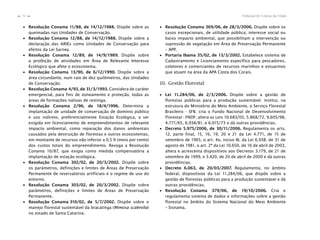 Tribunal de Contas da União72
n
n
∙ Resolução Conama 11/88, de 14/12/1988. Dispõe sobre as
queimadas nas Unidades de Conservação.
∙ Resolução Conama 12/88, de 14/12/1988. Dispõe sobre a
declaração das ARIEs como Unidades de Conservação para
efeitos da Lei Sarney.
∙ Resolução Conama 12/89, de 14/9/1989. Dispõe sobre
a proibição de atividades em Área de Relevante Interesse
Ecológico que afete o ecossistema.
∙ Resolução Conama 13/90, de 6/12/1990. Dispõe sobre a
área circundante, num raio de dez quilômetros, das Unidades
de Conservação.
∙ Resolução Conama 4/93, de 31/3/1993. Considera de caráter
emergencial, para fins de zoneamento e proteção, todas as
áreas de formações nativas de restinga.
∙ Resolução Conama 2/96, de 18/4/1996. Determina a
implantação de unidade de conservação de domínio público
e uso indireto, preferencialmente Estação Ecológica, a ser
exigida em licenciamento de empreendimentos de relevante
impacto ambiental, como reparação dos danos ambientais
causados pela destruição de florestas e outros ecossistemas,
em montante de recursos não inferior a 0,5 % (meio por cento)
dos custos totais do empreendimento. Revoga a Resolução
Conama 10/87, que exigia como medida compensatória a
implantação de estação ecológica.
∙ Resolução Conama 302/02, de 20/3/2002. Dispõe sobre
os parâmetros, definições e limites de Áreas de Preservação
Permanente de reservatórios artificiais e o regime de uso do
entorno.
∙ Resolução Conama 303/02, de 20/3/2002. Dispõe sobre
parâmetros, definições e limites de Áreas de Preservação
Permanente.
∙ Resolução Conama 310/02, de 5/7/2002. Dispõe sobre o
manejo florestal sustentável da bracatinga (Mimosa scabrella)
no estado de Santa Catarina.
∙ Resolução Conama 369/06, de 28/3/2006. Dispõe sobre os
casos excepcionais, de utilidade pública, interesse social ou
baixo impacto ambiental, que possibilitam a intervenção ou
supressão de vegetação em Área de Preservação Permanente
– APP.
∙ Portaria Ibama 35/02, de 13/3/2002. Estabelece sistema de
Cadastramento e Licenciamento específico para pescadores,
coletores e comerciantes de recursos marinhos e estuarinos
que atuam na área da APA Costa dos Corais.
10. Gestão Florestal
∙ Lei 11.284/06, de 2/3/2006. Dispõe sobre a gestão de
florestas públicas para a produção sustentável; institui, na
estrutura do Ministério do Meio Ambiente, o Serviço Florestal
Brasileiro - SFB; cria o Fundo Nacional de Desenvolvimento
Florestal - FNDF; altera as Leis 10.683/03, 5.868/72, 9.605/98,
4.771/65, 6.938/81, e 6.015/73 e dá outras providências.
∙ Decreto 5.975/2006, de 30/11/2006. Regulamenta os arts.
12, parte final, 15, 16, 19, 20 e 21 da Lei 4.771, de 15 de
setembro de 1965, o art. 4o, inciso III, da Lei 6.938, de 31 de
agosto de 1981, o art. 2º da Lei 10.650, de 16 de abril de 2003,
altera e acrescenta dispositivos aos Decretos 3.179, de 21 de
setembro de 1999, e 3.420, de 20 de abril de 2000 e dá outras
providências.
∙ Decreto 6.063, de 20/03/2007. Regulamenta, no âmbito
federal, dispositivos da Lei 11.284/06, que dispõe sobre a
gestão de florestas públicas para a produção sustentável e dá
outras providências.
∙ Resolução Conama 379/06, de 19/10/2006. Cria e
regulamenta sistema de dados e informações sobre a gestão
florestal no âmbito do Sistema Nacional do Meio Ambiente
– Sisnama.
 