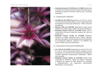 73Cartilha de Licenciamento Ambiental
n
n
∙ Instrução Normativa TCU 50/06, de 1/11/2006. Dispõe sobre
o controle exercido pelo Tribunal de Contas da União sobre as
atividades de gestão de florestas públicas para a produção
sustentável.
11. Compensação Ambiental
∙ Lei 9.985, de 18/7/2000. Regulamenta o art. 225, § 1o
, incisos
I, II, III e VII da Constituição Federal, institui o Sistema Nacional
de Unidades de Conservação da Natureza – SNUC e dá outras
providências.
∙ Decreto 4.340, de 22/8/2002. Regulamenta artigos da Lei
9.985/00, que dispõe sobre o SNUC e dá outras providências.
∙ Resolução Conama 10/87, de 3/12/1987. Dispõe sobre o
ressarcimento de danos ambientais causados por obras de
grande porte.
∙ Resolução Conama 371/06, de 5/4/2006. Estabelece
diretrizes aos órgãos ambientais para o cálculo, cobrança,
aplicação, aprovação e controle de gastos de recursos advindos
de compensação ambiental, conforme a Lei 9.985/00, que
institui o SNUC e dá outras providências.
12. Organismos Geneticamente Modificados
∙ Lei 11.105, de 24/3/2005. Regulamenta os incisos II, IV e V do
§ 1o do art. 225 da Constituição Federal, estabelece normas
de segurança e mecanismos de fiscalização de atividades que
envolvam organismos geneticamente modificados – OGM e
seus derivados.
∙ Resolução Conama 305/02, de 12/6/2002. Dispõe sobre
Licenciamento Ambiental, Estudo de Impacto Ambiental
e Relatório de Impacto no Meio Ambiente de atividades
e empreendimentos com Organismos Geneticamente
Modificados e seus derivados.
 