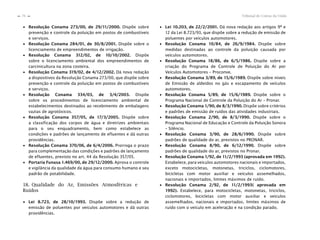 Tribunal de Contas da União76
n
n
∙ Resolução Conama 273/00, de 29/11/2000. Dispõe sobre
prevenção e controle da poluição em postos de combustíveis
e serviços.
∙ Resolução Conama 284/01, de 30/8/2001. Dispõe sobre o
licenciamento de empreendimentos de irrigação.
∙ Resolução Conama 312/02, de 10/10/2002. Dispõe
sobre o licenciamento ambiental dos empreendimentos de
carcinicultura na zona costeira.
∙ Resolução Conama 319/02, de 4/12/2002. Dá nova redação
a dispositivos da Resolução Conama 273/00, que dispõe sobre
prevenção e controle da poluição em postos de combustíveis
e serviços.
∙ Resolução Conama 334/03, de 3/4/2003. Dispõe
sobre os procedimentos de licenciamento ambiental de
estabelecimentos destinados ao recebimento de embalagens
vazias de agrotóxicos.
∙ Resolução Conama 357/05, de 17/3/2005. Dispõe sobre
a classificação dos corpos de água e diretrizes ambientais
para o seu enquadramento, bem como estabelece as
condições e padrões de lançamento de efluentes e dá outras
providências.
∙ Resolução Conama 370/06, de 6/4/2006. Prorroga o prazo
para complementação das condições e padrões de lançamento
de efluentes, previsto no art. 44 da Resolução 357/05.
∙ Portaria Funasa 1.469/00, de 29/12/2000. Aprova o controle
e vigilância da qualidade da água para consumo humano e seu
padrão de potabilidade.
18. Qualidade do Ar, Emissões Atmosféricas e
Ruídos
∙ Lei 8.723, de 28/10/1993. Dispõe sobre a redução de
emissão de poluentes por veículos automotores e dá outras
providências.
∙ Lei 10.203, de 22/2/2001. Dá nova redação aos artigos 9º e
12 da Lei 8.723/93, que dispõe sobre a redução de emissão de
poluentes por veículos automotores.
∙ Resolução Conama 10/84, de 26/9/1984. Dispõe sobre
medidas destinadas ao controle da poluição causada por
veículos automotores.
∙ Resolução Conama 18/86, de 6/5/1986. Dispõe sobre a
criação do Programa de Controle de Poluição do Ar por
Veículos Automotores – Proconve.
∙ Resolução Conama 3/89, de 15/6/1989. Dispõe sobre níveis
de Emissão de aldeídos no gás e escapamento de veículos
automotores.
∙ Resolução Conama 5/89, de 15/6/1989. Dispõe sobre o
Programa Nacional de Controle da Poluição do Ar – Pronar.
∙ Resolução Conama 1/90, de 8/3/1990. Dispõe sobre critérios
e padrões de emissão de ruídos das atividades industriais.
∙ Resolução Conama 2/90, de 8/3/1990. Dispõe sobre o
Programa Nacional de Educação e Controle da Poluição Sonora
– Silêncio.
∙ Resolução Conama 3/90, de 28/6/1990. Dispõe sobre
padrões de qualidade do ar, previstos no PRONAR.
∙ Resolução Conama 8/90, de 6/12/1990. Dispõe sobre
padrões de qualidade do ar, previstos no Pronar.
∙ Resolução Conama 1/92, de 11/2/1993 (aprovada em 1992).
Estabelece, para veículos automotores nacionais e importados,
exceto motocicletas, motonetas, triciclos, ciclomotores,
bicicletas com motor auxiliar e veículos assemelhados,
nacionais e importados, limites máximos de ruído.
∙ Resolução Conama 2/92, de 11/2/1993( aprovada em
1992). Estabelece, para motocicletas, motonetas, triciclos,
ciclomotores, bicicletas com motor auxiliar e veículos
assemelhados, nacionais e importados, limites máximos de
ruído com o veículo em aceleração e na condição parado.
 
