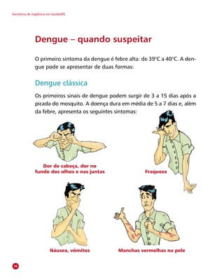 Secretaria de Vigilância em Saúde/MS
Fraqueza
Dor de cabeça, dor no
fundo dos olhos e nas juntas
Náusea, vômitos Manchas vermelhas na pele
16
Dengue – quando suspeitar
O primeiro sintoma da dengue é febre alta: de 39°C a 40°C. A den-
gue pode se apresentar de duas formas:
Dengue clássica
Os primeiros sinais de dengue podem surgir de 3 a 15 dias após a
picada do mosquito. A doença dura em média de 5 a 7 dias e, além
da febre, apresenta os seguintes sintomas:
 