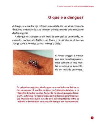 O Agente Comunitário de Saúde no controle da dengue
O que é a dengue?
A dengue é uma doença infecciosa causada por um vírus chamado
flavivirus, e transmitida ao homem principalmente pelo mosquito
Aedes aegypti.
A dengue está presente em mais de cem países do mundo, lo-
calizados no Sudeste Asiático, na África e nas Américas. A doença
atinge toda a América Latina, menos o Chile.
O Aedes aegypti é menor
que um pernilongo/muri-
çoca comum. A foto mos-
tra o mosquito aumenta-
do em mais de dez vezes.
Os primeiros registros de dengue no mundo foram feitos no
fim do século 18, na ilha de Java, no Sudoeste Asiático, e na
Filadélfia, Estados Unidos. Somente no século passado (sécu-
lo 20), a dengue foi reconhecida como doença pela Organiza-
ção Mundial da Saúde. A cada ano, são registrados entre 50
milhões e 80 milhões de casos de dengue em todo mundo.

 