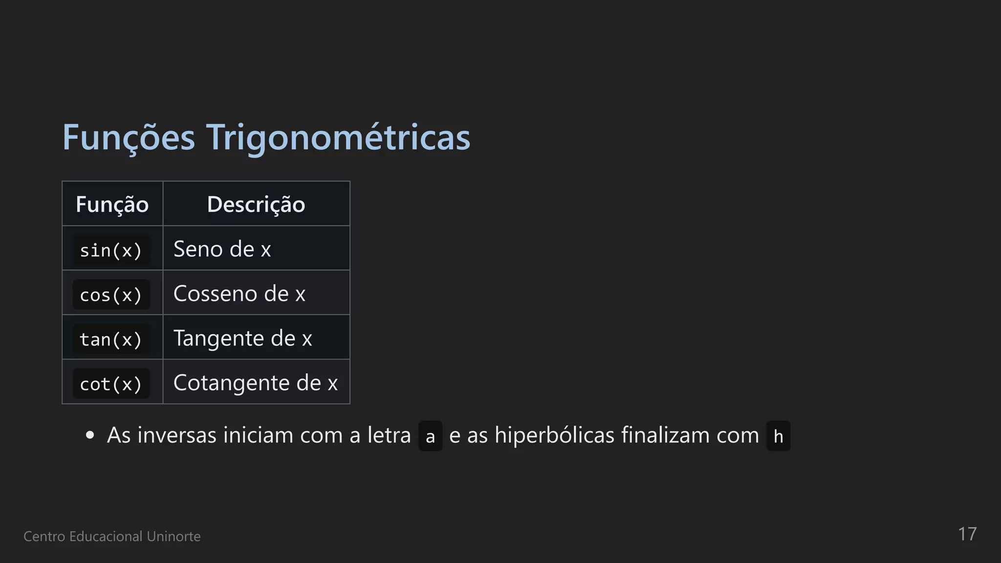 Funções Trigonométricas
Função Descrição
sin(x) Seno de x
cos(x) Cosseno de x
tan(x) Tangente de x
cot(x) Cotangente de x
As inversas iniciam com a letra a e as hiperbólicas finalizam com h
Centro Educacional Uninorte 17
 
