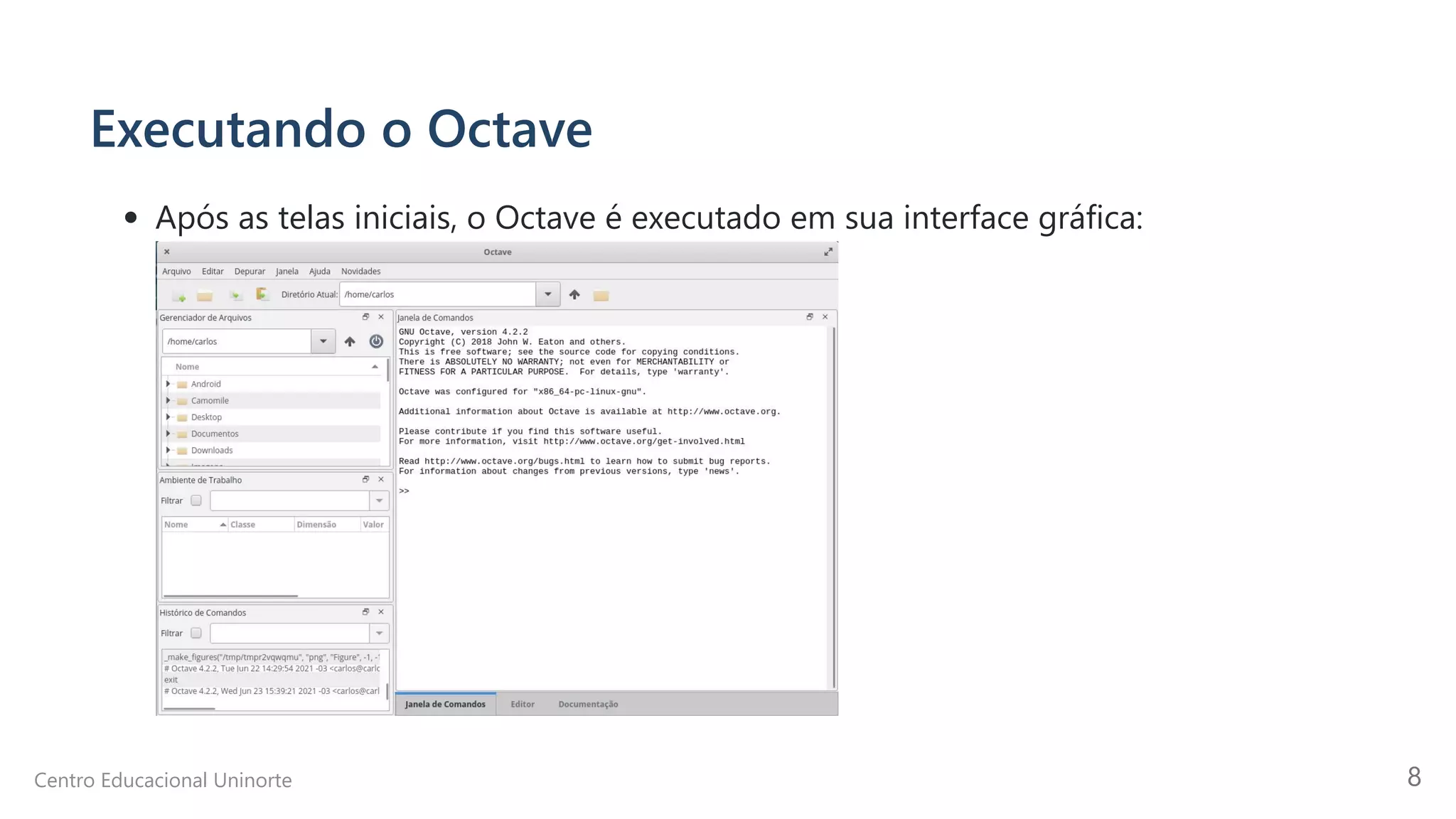 Executando o Octave
Após as telas iniciais, o Octave é executado em sua interface gráfica:

Centro Educacional Uninorte 8
 
