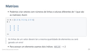 Matrizes
Podemos criar vetores com números de linhas e colunas diferentes de 1 (que são
as matrizes). Assim
>> A = [1 2 3; 3 2 1; 2 3 1]

A =

1 2 3

3 2 1

2 3 1

>>

As linhas de um vetor devem ter a mesma quantidade de elementos ou será
gerado um erro!
Para acessar um elemento usamos dois índices: A(1,2) 2
→
Centro Educacional Uninorte 29
 