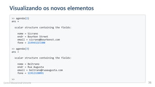 Visualizando os novos elementos
>> agenda(2)

ans =

scalar structure containing the fields:

nome = Sicrano

endr = Bourbon Street

email = sicrano@bourbonst.com

fone = 219943215300

>> agenda(3)

ans =

scalar structure containing the fields:

nome = Beltrano

endr = Rua Augusta

email = beltrano@ruaaugusta.com

fone = 11912320091

>>

Centro Educacional Uninorte 36
 