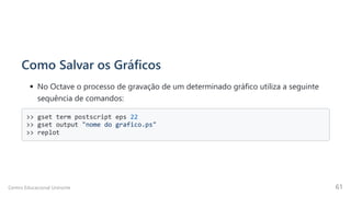 Como Salvar os Gráficos
No Octave o processo de gravação de um determinado gráfico utiliza a seguinte
sequência de comandos:
>> gset term postscript eps 22

>> gset output "nome do grafico.ps"

>> replot

Centro Educacional Uninorte 61
 
