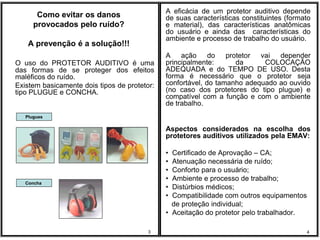 A eficácia de um protetor auditivo depende
       Como evitar os danos                   de suas características constituintes (formato
      provocados pelo ruído?                  e material), das características anatômicas
                                              do usuário e ainda das características do
                                              ambiente e processo de trabalho do usuário.
    A prevenção é a solução!!!
                                              A ação do protetor vai           depender
O uso do PROTETOR AUDITIVO é uma              principalmente:      da      COLOCAÇÃO
das formas de se proteger dos efeitos         ADEQUADA e do TEMPO DE USO. Desta
maléficos do ruído.                           forma é necessário que o protetor seja
Existem basicamente dois tipos de protetor:   confortável, do tamanho adequado ao ouvido
tipo PLUGUE e CONCHA.                         (no caso dos protetores do tipo plugue) e
                                              compatível com a função e com o ambiente
                                              de trabalho.
   Plugues

                                              Aspectos considerados na escolha dos
                                              protetores auditivos utilizados pela EMAV:

                                              • Certificado de Aprovação – CA;
                                              • Atenuação necessária de ruído;
                                              • Conforto para o usuário;
                                              • Ambiente e processo de trabalho;
   Concha
                                              • Distúrbios médicos;
                                              • Compatibilidade com outros equipamentos
                                                de proteção individual;
                                              • Aceitação do protetor pelo trabalhador.

                                         3                                                4
 