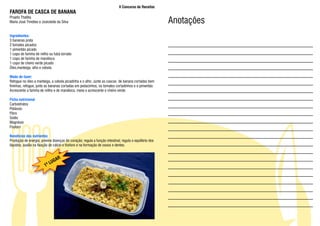 II Concurso de Receitas
FAROFA DE CASCA DE BANANA
Projeto Thallita
Maria José Timóteo e Josicleide da Silva                                                               Anotações
Ingredientes:
3 bananas prata
2 tomates picados
1 pimentão picado
1 copo de farinha de milho ou fubá torrado
1 copo de farinha de mandioca
1 copo de cheiro verde picado
Óleo,manteiga, alho e cebola

Modo de fazer:
Refogue no óleo a manteiga, a cebola picadinha e o alho. Junte as cascas de banana cortadas bem
fininhas, refogue, junte as bananas cortadas em pedacinhos, os tomates cortadinhos e o pimentão.
Acrescente a farinha de milho e de mandioca, mexa e acrescente o cheiro verde.

Ficha nutricional
Carboidratos
Potássio
Fibra
Sódio
Magnésio
Fósforo

Benefícios dos nutrientes
Produção de energia; previne doenças do coração; regula a função intestinal; regula o equilíbrio dos
líquidos; auxilia na fixação de cálcio e fósforo e na formação de ossos e dentes.


                                R
                              GA
                           LU
                        1º
 