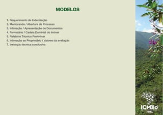 MODELOS
1. Requerimento de Indenização
2. Memorando / Abertura de Processo
3. Intimação / Apresentação de Documentos
4. Formulário / Cadeia Dominial do Imóvel
5. Relatório Técnico Preliminar
6. Intimação ao Proprietário / Valores da avaliação
7. Instrução técnica conclusiva
 