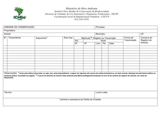 Ministério do Meio Ambiente
Instituto Chico Mendes de Conservação da Biodiversidade
Diretoria de Unidades de Uso Sustentável e Populações Tradicionais - DIUSP
Coordenação Geral de Regularização Fundiária - CGFUN
(61) 3341-9181
 
 
UNIDADE DE CONSERVAÇÃO: Processo:
Proprietário:
Imóvel: Município: UF:
Matrícula**, Registro ou Transcrição
Ant Atual
Nº Transmitente Adquirente* Área (ha)
Nº Nº Livro Fls. Data
Forma de
Transmissão
Comarca do
Registro de
Imóveis
Observações: * iniciar pela última transcrição, ou seja, o(a) atual proprietário(a) e seguir em regresso até a prova da cadeia trintenária ou, se mais recente, destaque do patrimônio público ou
sentença judical transitada em julgado. ** A prova de domínio do imóvel é feita somente pela Matrícula/Registro/Averbação no livro 02 do cartório do registro de imóveis, em nome do
Requerente.
 
Técnico: Local e data:
Carimbo e assinatura da Chefia da Unidade
 
voltar
 