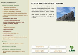 IMPORTANTE DICAS
OBSERVAÇÕES LEGISLAÇÃO
Deve ser apresentada certidão de inteiro
teor que comprove a existência de cadeia
dominial trintenária. Visa demonstrar a
propriedade do imóvel nos últimos 30 anos.
Esta certidão é obtida no Cartório de
Registro de Imóveis em que está registrado
o imóvel.
Pico das Prateleiras
COMPROVAÇÃO DE CADEIA DOMINIAL
Iniciativa pelo Interessado
Instauração e Instrução Processual
1. Requerimento de Indenização
2. Memorando / Abertura de Processo
3. Intimação / Apresentação de Documentos
4. Documentos de Identificação do Proprietário ou Ocupante
5. Documentos Comprobatórios de Titularidade do Imóvel ou
da Ocupação
Comprovação de Cadeia Dominial
Formulário / Cadeia Dominial do Imóvel
Certidões Comprobatórias de Inexistência de Ônus,
Gravames e Ações Reais e Pessoais
6. CCIR
7. Levantamento Topográfico
Planta Georeferenciada
Memorial Descritivo
8. Documentos de Regularidade Fiscal
Certidão Negativa de ITR
9. Documentos de Regularidade do Imóvel (IBAMA / ICMBio)
10. Relatório Técnico Preliminar
Avaliação
11. Intimação ao Proprietário / Valores da avaliação
Instrução técnica conclusiva
Conclusão do Processo Administrativo
12. Regularização da Desapropriação Junto à Receita
Federal
 