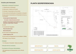 IMPORTANTE DICAS
OBSERVAÇÕES LEGISLAÇÃO
Para que o processo administrativo de certificação seja devidamente formalizado,
será necessário que o credenciado e o proprietário apresentem:
1- Relatório Técnico dos trabalhos de levantamento do perímetro;
2- Documentos de dominialidade;
3- Planta;
4- Memorial Descritivo;
5- Anotação de Responsabilidade Técnica – ART;
6- Declaração de Respeito de Limites;
7- Arquivos Digitais;
8- Relatórios resultantes de processamentos.
PLANTA GEOREFERENCIADA
Iniciativa pelo Interessado
Instauração e Instrução Processual
1. Requerimento de Indenização
2. Memorando / Abertura de Processo
3. Intimação / Apresentação de Documentos
4. Documentos de Identificação do Proprietário ou Ocupante
5. Documentos Comprobatórios de Titularidade do Imóvel ou
da Ocupação
Comprovação de Cadeia Dominial
Formulário / Cadeia Dominial do Imóvel
Certidões Comprobatórias de Inexistência de Ônus,
Gravames e Ações Reais e Pessoais
6. CCIR
7. Levantamento Topográfico
Planta Georeferenciada
Memorial Descritivo
8. Documentos de Regularidade Fiscal
Certidão Negativa de ITR
9. Documentos de Regularidade do Imóvel (IBAMA / ICMBio)
10. Relatório Técnico Preliminar
Avaliação
11. Intimação ao Proprietário / Valores da avaliação
Instrução técnica conclusiva
Conclusão do Processo Administrativo
12. Regularização da Desapropriação Junto à Receita
Federal
EXEMPLO
 