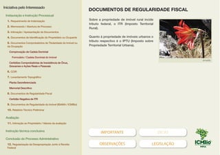 IMPORTANTE DICAS
OBSERVAÇÕES LEGISLAÇÃO
Sobre a propriedade de imóvel rural incide
tributo federal, o ITR (Imposto Territorial
Rural).
Quanto à propriedade de imóveis urbanos o
tributo respectivo é o IPTU (Imposto sobre
Propriedade Territorial Urbana).
Amarilis
DOCUMENTOS DE REGULARIDADE FISCAL
Iniciativa pelo Interessado
Instauração e Instrução Processual
1. Requerimento de Indenização
2. Memorando / Abertura de Processo
3. Intimação / Apresentação de Documentos
4. Documentos de Identificação do Proprietário ou Ocupante
5. Documentos Comprobatórios de Titularidade do Imóvel ou
da Ocupação
Comprovação de Cadeia Dominial
Formulário / Cadeia Dominial do Imóvel
Certidões Comprobatórias de Inexistência de Ônus,
Gravames e Ações Reais e Pessoais
6. CCIR
7. Levantamento Topográfico
Planta Georeferenciada
Memorial Descritivo
8. Documentos de Regularidade Fiscal
Certidão Negativa de ITR
9. Documentos de Regularidade do Imóvel (IBAMA / ICMBio)
10. Relatório Técnico Preliminar
Avaliação
11. Intimação ao Proprietário / Valores da avaliação
Instrução técnica conclusiva
Conclusão do Processo Administrativo
12. Regularização da Desapropriação Junto à Receita
Federal
 