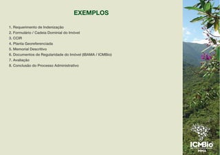 EXEMPLOS
1. Requerimento de Indenização
2. Formulário / Cadeia Dominial do Imóvel
3. CCIR
4. Planta Georeferenciada
5. Memorial Descritivo
6. Documentos de Regularidade do Imóvel (IBAMA / ICMBio)
7. Avaliação
8. Conclusão do Processo Administrativo
 