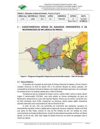MINISTÉRIO DO DESENVOLVIMENTO AGRÁRIO - MDA
INSTITUTO NACIONAL DE COLONIZAÇÃO E REFORMA AGRÁRIA - INCRA
SUPERINTENDÊNCIA REGIONAL DO INCRA NO ESTADO DO RIO DE JANEIRO / SR-07(T)
DIVISÃO DE OBTENÇÃO DE TERRAS E IMPLANTAÇÃO DE ASSENTAMENTOS
Fl. 5 de 72
Endereço: Rua Santo Amaro, nº. 28 – Glória - Rio de Janeiro/RJ - Cep: 22.211-230 - Tel. (s): (21) 2224-6363 / 2224-3579.
Tabela 1 - Situação Jurídica do Imóvel - Registro Original
ÁREA (ha) MATRÍCULA FOLHA LIVRO COMARCA OFÍCIO DATA
2,74 4869 297 3C Resende 3º 10/10/65
Área Total = 2,7400 ha
5 - CARACTERÍSTICAS GERAIS DA SUB-BACIA HIDROGRÁFICA E DA
MICRORREGIÃO DE INFLUÊNCIA DO IMÓVEL
Figura 1 - Diagrama Geográfico Regional parcial dos Municípios – Vale do Paraíba
5.1 – Breve Histórico
O processo de ocupação da atual área do Parque Nacional do Itatiaia e de seu entorno
imediato iniciou-se no final do século XIX e na primeira década do século passado, em
conseqüência do Núcleo Colonial de Itatiaia e da criação de atividades agrícolas e da construção
da estrada de ferro na vertente voltada para o Vale do Paraíba.
Considera-se que os vocábulos de língua tupi Ita = pedra e tiããi = ponta ou dente, deram
origem à denominação ITATIAIA: uma clara alusão às formas pontiagudas da serra da
Mantiqueira, destacando-se o pico das Agulhas Negras. Parece que os nativos, da família tupi,
da tribo conhecida como PURI, constituíram os primeiros nativos dessa região. Estudiosos
apontam essa tribo como colonizadora do vale do Paraíba do Sul.
A partir do sec. XVI, nos primórdios do movimento das bandeiras, europeus ou
descendentes paulistas vinham à região para a captura de escravos indígenas. Existia uma trilha
que partia de São Paulo, através do vale do Rio Paraíba do Sul, em direção ao norte,
acompanhando as franjas da Mantiqueira. A partir da descoberta das jazidas auríferas, em Minas
Gerais, no fim do sec. XVII, esta região do Itatiaia tornou-se um ponto de passagem para o
interior da colônia.
 