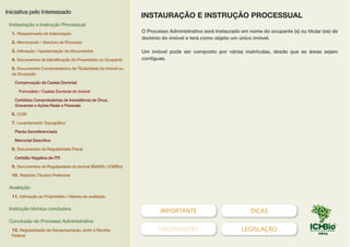 IMPORTANTE DICAS
OBSERVAÇÕES LEGISLAÇÃO
O Processo Administrativo será instaurado em nome do ocupante (s) ou titular (es) de
domínio do imóvel e terá como objeto um único imóvel.
Um imóvel pode ser composto por várias matrículas, desde que as áreas sejam
contíguas.
INSTAURAÇÃO E INSTRUÇÃO PROCESSUAL
Iniciativa pelo Interessado
Instauração e Instrução Processual
1. Requerimento de Indenização
2. Memorando / Abertura de Processo
3. Intimação / Apresentação de Documentos
4. Documentos de Identificação do Proprietário ou Ocupante
5. Documentos Comprobatórios de Titularidade do Imóvel ou
da Ocupação
Comprovação de Cadeia Dominial
Formulário / Cadeia Dominial do Imóvel
Certidões Comprobatórias de Inexistência de Ônus,
Gravames e Ações Reais e Pessoais
6. CCIR
7. Levantamento Topográfico
Planta Georeferenciada
Memorial Descritivo
8. Documentos de Regularidade Fiscal
Certidão Negativa de ITR
9. Documentos de Regularidade do Imóvel (IBAMA / ICMBio)
10. Relatório Técnico Preliminar
Avaliação
11. Intimação ao Proprietário / Valores da avaliação
Instrução técnica conclusiva
Conclusão do Processo Administrativo
12. Regularização da Desapropriação Junto à Receita
Federal
 