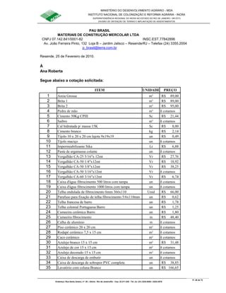 MINISTÉRIO DO DESENVOLVIMENTO AGRÁRIO - MDA
INSTITUTO NACIONAL DE COLONIZAÇÃO E REFORMA AGRÁRIA - INCRA
SUPERINTENDÊNCIA REGIONAL DO INCRA NO ESTADO DO RIO DE JANEIRO / SR-07(T)
DIVISÃO DE OBTENÇÃO DE TERRAS E IMPLANTAÇÃO DE ASSENTAMENTOS
Fl. 46 de 72
Endereço: Rua Santo Amaro, nº. 28 – Glória - Rio de Janeiro/RJ - Cep: 22.211-230 - Tel. (s): (21) 2224-6363 / 2224-3579.
PAU BRASIL
MATERIAIS DE CONSTRUÇÃO MERCOLAR LTDA
CNPJ 07.142.841/0001-82 INSC.EST.77842896
Av. João Ferreira Pinto, 132 Loja B – Jardim Jalisco – Resende/RJ – Telefax (24) 3355.2004
p_brasil@terra.com.br
Resende, 25 de Fevereiro de 2010.
À
Ana Roberta
Segue abaixo a cotação solicitada:
ITEM UNIDADE PREÇO
1 Areia Grossa m³ 89,00R$
2 Brita 1 m³ 89,00R$
3 Brita 2 m³ 95,00R$
4 Pedra de mão m³ ñ cotamos
5 Cimento 50Kg CPIII Sc 21,44R$
6 Saibro m³ ñ cotamos
7 Cal hidratada p/ massa 15K Sc 8,00R$
8 Cimento branco kg 2,14R$
9 Tijolo 10 x 20 x 20 cm lajota 9x19x19 un 0,49R$
10 Tijolo maciço un ñ cotamos
11 Impermeabilizante Sika Lt 6,88R$
12 Pasta de argamassa colante un ñ cotamos
13 Vergalhão CA-25 5/16"x 12mt Vr 27,76R$
14 Vergalhão CA-50 1/4"x12mt Vr 18,92R$
15 Vergalhão CA-50 3/8"x12mt Vr 38,25R$
16 Vergalhão CA-50 3/16"x12mt Vr ñ cotamos
17 Vergalhão CA-60 3/16"x12mt Vr 6,74R$
18 Caixa d'água fibrocimento 500 litros com tampa un ñ cotamos
19 Caixa d'água fibrocimento 1000 litros com tampa un ñ cotamos
20 Telha ondulada de fibrocimento 6mm 366x110 Unid 66,00R$
21 Parafuso para fixação de telha fibrocimento 5/6x110mm un 0,62R$
22 Telha francesa de barro un 1,78R$
23 Telha colonial Portuguesa Barro un 1,25R$
24 Cumeeira cerâmica Barro un 1,80R$
25 Cumeeira fibrocimento m 48,40R$
26 Calha de alumínio m ñ cotamos
27 Piso cerâmico 20 x 20 cm m² ñ cotamos
28 Rodapé cerâmico 7,5 x 15 cm m² ñ cotamos
29 Caco cerâmico m² ñ cotamos
30 Azulejo branco 15 x 15 cm m² 31,48R$
31 Azulejo de cor 15 x 15 cm m² ñ cotamos
32 Azulejo decorado 15 x 15 cm m² ñ cotamos
33 Caixa de descarga de embutir un ñ cotamos
34 Caixa de descarga de sobrepor PVC completa un 38,85R$
35 Lavatório com coluna Branco un 166,65R$
 