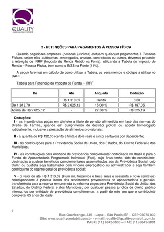 2 - RETENÇÕES PARA PAGAMENTOS À PESSOA FÍSICA

    Quando pagadores empresas (pessoas jurídicas) efetuam quaisquer pagamentos à Pessoas
Físicas, sejam elas autônomas, empregados, avulsos, contratados ou outros, devemos proceder
a retenção de IRRF (Imposto de Renda Retido na Fonte), utilizando a Tabela do Imposto de
Renda – Pessoa Física, bem como o INSS na Fonte (11%).

  A seguir faremos um cálculo de como utilizar a Tabela, os vencimentos e códigos a utilizar no
DARF.

     Tabela para Retenção do Imposto de Renda – IRRF


                De                       Até               Aliquota                 Dedução

                                     R$ 1.313,69             Isento                  0,00
De 1.313,70                          R$ 2.625,12            15,00 %                R$ 197,05
Acima de R$ 2.625,12                      -                 27,50 %                R$ 525,19

  Deduções:
  I - as importâncias pagas em dinheiro a título de pensão alimentícia em face das normas do
Direito de Família, quando em cumprimento de decisão judicial ou acordo homologado
judicialmente, inclusive a prestação de alimentos provisionais;

    II - a quantia de R$ 132,05 (cento e trinta e dois reais e cinco centavos) por dependente;

 III - as contribuições para a Previdência Social da União, dos Estados, do Distrito Federal e dos
Municípios;

   IV - as contribuições para entidade de previdência complementar domiciliada no Brasil e para o
Fundo de Aposentadoria Programada Individual (Fapi), cujo ônus tenha sido do contribuinte,
destinadas a custear benefícios complementares assemelhados aos da Previdência Social, cujo
titular ou quotista seja trabalhador com vínculo empregatício ou administrador e seja também
contribuinte do regime geral de previdência social;

  V - o valor de até R$ 1.313,69 (Hum mil, trezentos e treze reais e sessenta e nove centavos)
correspondente à parcela isenta dos rendimentos provenientes de aposentadoria e pensão,
transferência para a reserva remunerada ou reforma pagos pela Previdência Social da União, dos
Estados, do Distrito Federal e dos Municípios, por qualquer pessoa jurídica de direito público
interno, ou por entidade de previdência complementar, a partir do mês em que o contribuinte
completar 65 anos de idade.



9
                                Rua Guaricanga, 335 – Lapa – São Paulo/SP – CEP 05075-030
                     Site: www.qualitycontabil.com.br - e-mail: quality@qualitycontabil.com.br
                                                  PABX: (11) 6842-5000 – FAX: (11) 6842-5001
 