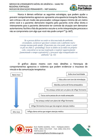 R U A P A D R E G U E R R A , 1 3 5 0 – P A R Q U E L A N D I A
F O N E : ( 0 8 5 ) 3 4 5 2 . 9 1 4 9 - F A X : ( 0 8 5 ) 3 4 5 2 . 9 1 5 1
F O R T A L E Z A - C E
secretarianep@samu.fortaleza.ce.gov.br
38
SERVIÇO DE ATENDIMENTO MÓVEL DE URGÊNCIA – SAMU 192
REGIONAL FORTALEZA
NÚCLEO DE EDUCAÇÃO PERMANENTE – NEP SAMUFor
Nunca é demais enfatizar as seguintes estratégias, que podem ajudar a
prevenir comportamentos agressivos: apresente uma aparência tranquila; fale baixo,
sem críticas e de um modo não provocador; coloque espaço mínimo de um metro
entre você e o paciente; demonstre respeito pelo paciente; evite olhar direta e
intensamente para o paciente; demonstre ter controle da situação sem demostrar
autoritarismo; facilite a fala do paciente e escute-o; evite interpretações precoces e
não se comprometa com algo que você não pode cumprir22
(p. 667).
Se a pessoa delirar ou sentir-se desconectada do ambiente
circundante, esclarecer que fazer contato com o ambiente real e
consigo mesma pode ajudar. O paciente em crise pode: pisar e sentir
os pés no chão [– grounding]; tocar os dedos ou as mãos no próprio
colo; concentrar-se na sua respiração e respirar vagarosamente
[aumentando o tempo expiratório]; e procurar algo tranquilizador no
ambiente.5
(p. 42)
O gráfico abaixo mostra com mais detalhes a hierarquia de
comportamentos agressivos e violentos que podem evidenciar o insucesso do
vínculo e da comunicação terapêutica:
Exibiu leve hostilidade
Falou alto e em tom de intimidação
Abordou outros de forma ameaçadora
Fez ameaça verbal sem um plano de infligir ferimento
Tocou outra pessoa de um modo ameaçador
Fez ameaça verbal com plano de infligir ferimento
Infligiu ferimentos leves que não exigiram atenção médica
Infligiu danos sérios que exigem atenção médica
Baixo risco
Alto risco
 