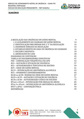 R U A P A D R E G U E R R A , 1 3 5 0 – P A R Q U E L A N D I A
F O N E : ( 0 8 5 ) 3 4 5 2 . 9 1 4 9 - F A X : ( 0 8 5 ) 3 4 5 2 . 9 1 5 1
F O R T A L E Z A - C E
secretarianep@samu.fortaleza.ce.gov.br
7
SERVIÇO DE ATENDIMENTO MÓVEL DE URGÊNCIA – SAMU 192
REGIONAL FORTALEZA
NÚCLEO DE EDUCAÇÃO PERMANENTE – NEP SAMUFor
SUMÁRIO
A REGULAÇÃO DAS URGÊNCIAS EM SAÚDE MENTAL 9
1. O ACOLHIMENTO DO CHAMADO EM SAÚDE MENTAL 14
2. IDENTIFICAÇÃO PRELIMINAR DOS 3 “S” DA REGULAÇÃO 14
3. ANAMNESE DIRIGIDA NA REGULAÇÃO 15
4. ESTABELECIMENTO DO GRAU DE URGÊNCIA DO CHAMADO 16
5. DECISÃO E RESPOSTA 19
6. ABORDAGEM DO CASO 30
DIAGRAMAS DE CONTENÇÃO 45
TABELA DE DISCRIMINADORES ESPECÍFICOS 47
PE0 – COMUNICAÇÃO TERAPÊUTICA NO APH 53
RC4 – AGITAÇÃO E SITUAÇÃO DE VIOLÊNCIA 57
RC5 – AUTOAGRESSÃO E TENTATIVA DE SUICÍDIO 59
RC9 – CRISE EM SAÚDE MENTAL 61
RC19 – INTOXICAÇÃO OU ABSTINÊNCIA ALCOÓLICA 63
RT5 – OVERDOSE E ENVENENAMENTOS 65
BC28 ou AC38– MANEJO DA CRISE EM SAÚDE MENTAL 67
BC29 e AC39 – AGITAÇÃO E SITUAÇÃO DE VIOLÊNCIA 71
BC30 e AC40 – AUTOAGRESSÃO E RISCO DE SUICÍDIO 75
BTox2 e ATox3 – INTOXICAÇÃO POR DROGAS DE ABUSO 85
BTox 3 e ATox4 – INTOXICAÇÃO OU ABSTINÊNCIA ALCOÓLICA 89
BP27 e AP42 – CONTENÇÃO FÍSICA 93
REFERÊNCIAS 99
 