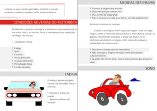 Finalmente, é preciso considerar o estado em que o motorista se
encontra, isto é, se ele está física e mentalmente em condições
de dirigir um veículo.
1. Condições Físicas
? Fadiga
? Sono
? Estresse
? Visão deficiente
? Audição deficiente
? Perturbação física
? Estado alcoólico
A fadiga é provocada pelo
excesso de atividade física e
estresse.
? Diminui o tempo de
reação;
? Aparecem lapsos de
atenção.
? Comece a viagem descansado;
? Dirija em posição confortável;
? Use o cinto de segurança;
? Pare e descanse a cada duas horas, ou 160 quilômetros;
Ao notar sintomas de cansaço:
O ideal é uma ligeira interrupção da viagem, feita em lugar
seguro, onde o motorista possa relaxar a musculatura, esticar as
pernas, movimentar os braços e andar um pouco. Se os
sintomas persistirem e o corpo emitir sinais de cansaço e
dificuldade de concentração:
? Descanse o tempo que for necessário;
? Não prossiga a viagem sem que tenha descansado
suficientemente.
? Quando não estiver bem, peça a outra pessoa que dirija por
você;
CONDIÇÕES ADVERSAS DO MOTORISTA
Lembre-se que revisões periódicas mantêm o veículo
em boas condições e podem evitar sérios acidentes.
FADIGA
MEDIDAS DEFENSIVAS
SONO
 