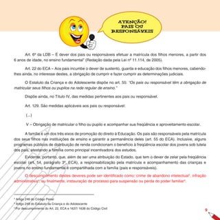 Atenção!
                                                                       Pais ou
                                                                    responsáveis




      Art. 6º da LDB – É dever dos pais ou responsáveis efetuar a matrícula dos filhos menores, a partir dos
6 anos de idade, no ensino fundamental” (Redação dada pela Lei nº 11.114, de 2005).

       Art. 22 do ECA – Aos pais incumbe o dever de sustento, guarda e educação dos filhos menores, cabendo-
lhes ainda, no interesse destes, a obrigação de cumprir e fazer cumprir as determinações judiciais.

      O Estatuto da Criança e do Adolescente dispõe no art. 55: “Os pais ou responsável têm a obrigação de
matricular seus ﬁlhos ou pupilos na rede regular de ensino.”

       Dispõe ainda, no Título IV, das medidas pertinentes aos pais ou responsável.

       Art. 129. São medidas aplicáveis aos pais ou responsável:

        (...)

        V – Obrigação de matricular o filho ou pupilo e acompanhar sua freqüência e aproveitamento escolar.

      A família é um dos três eixos de promoção do direito à Educação. Os pais são responsáveis pela matrícula
dos seus filhos nas instituições de ensino e garantir a permanência deles (art. 55 do ECA). Inclusive, alguns
programas públicos de distribuição de renda condicionam o benefício à freqüência escolar dos jovens sob tutela
dos pais, atestando a família como principal incentivadora dos estudos.
      Evidente, portanto, que, além de ser uma atribuição do Estado, que tem o dever de zelar pela freqüência
escolar (art. 54, parágrafo 3º, ECA), a responsabilização pela matrícula e acompanhamento das crianças e
jovens no ensino fundamental é compartilhada com a família (pais e responsáveis).

      O descumprimento destes deveres pode ser identificado como: crime de abandono intelectual3, infração
administrativa4, ou finalmente, instauração de processo para suspensão ou perda do poder familiar5.



3
  Artigo 246 do Código Penal
4
  Artigo 249 do Estatuto da Criança e do Adolescente
5
  Por descumprimento do Art. 22, ECA e 1637/ 1638 do Código Civil
                                                                                                              9
 