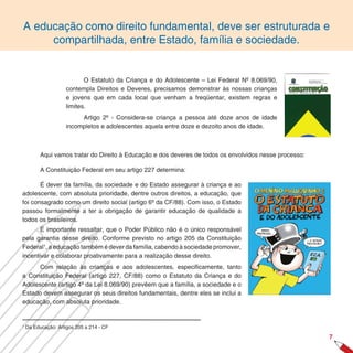 A educação como direito fundamental, deve ser estruturada e
     compartilhada, entre Estado, família e sociedade.


                            O Estatuto da Criança e do Adolescente – Lei Federal Nº 8.069/90,
                     contempla Direitos e Deveres, precisamos demonstrar às nossas crianças
                     e jovens que em cada local que venham a freqüentar, existem regras e
                     limites.
                          Artigo 2º - Considera-se criança a pessoa até doze anos de idade
                     incompletos e adolescentes aquela entre doze e dezoito anos de idade.



          Aqui vamos tratar do Direito à Educação e dos deveres de todos os envolvidos nesse processo:

          A Constituição Federal em seu artigo 227 determina:

       É dever da família, da sociedade e do Estado assegurar à criança e ao
adolescente, com absoluta prioridade, dentre outros direitos, a educação, que
foi consagrado como um direito social (artigo 6º da CF/88). Com isso, o Estado
passou formalmente a ter a obrigação de garantir educação de qualidade a
todos os brasileiros.
       É importante ressaltar, que o Poder Público não é o único responsável
pela garantia desse direito. Conforme previsto no artigo 205 da Constituição
Federal1, a educação também é dever da família, cabendo à sociedade promover,
incentivar e colaborar proativamente para a realização desse direito.
      Com relação às crianças e aos adolescentes, especificamente, tanto
a Constituição Federal (artigo 227, CF/88) como o Estatuto da Criança e do
Adolescente (artigo 4º da Lei 8.069/90) prevêem que a família, a sociedade e o
Estado devem assegurar os seus direitos fundamentais, dentre eles se inclui a
educação, com absoluta prioridade.


1
    Da Educação: Artigos 205 a 214 - CF

                                                                                                         7
 