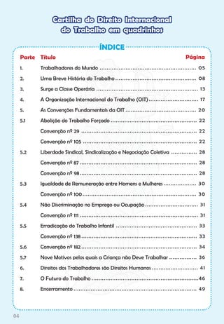 Cartilha do Direito Internacional
do Trabalho em quadrinhos
ÍNDICE
Título 								
Trabalhadores do Mundo	
Uma Breve História do Trabalho	
Surge a Classe Operária		
A Organização Internacional do Trabalho (OIT)
As Convenções Fundamentais da OIT	
Abolição do Trabalho Forçado
Convenção nº 29
Convenção nº 105
Liberdade Sindical, Sindicalização e Negociação Coletiva
Convenção nº 87
Convenção nº 98
Igualdade de Remuneração entre Homens e Mulheres
Convenção nº 100
Não Discriminação no Emprego ou Ocupação
Convenção nº 111
Erradicação do Trabalho Infantil
Convenção nº 138
Convenção nº 182
Nove Motivos pelos quais a Criança não Deve Trabalhar
Direitos dos Trabalhadores são Direitos Humanos
O Futuro do Trabalho
Encerramento
Página
........................................................ 05
............................................... 08
........................................................... 13
............................. 17
......................................... 20
.................................................. 22
................................................................... 22
.................................................................. 22
............... 28
.................................................................... 28
.................................................................... 28
................... 30
.................................................................. 30
............................... 31
..................................................................... 31
............................................... 33
................................................................... 33
................................................................... 34
................ 36
........................... 41
..............................................................46
........................................................................ 49
Parte
1.
2.
3.
4.
5.
5.1
5.2
5.3
5.4
5.5
5.6
5.7
6.
7.
8.
04
 