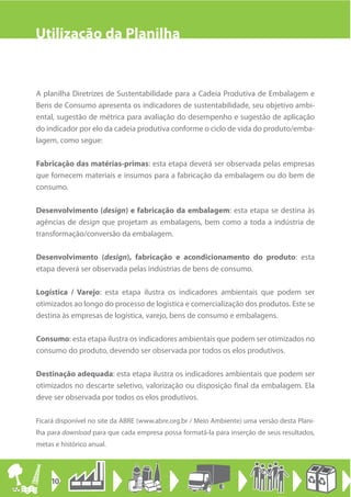 Utilização da Planilha


A planilha Diretrizes de Sustentabilidade para a Cadeia Produtiva de Embalagem e
Bens de Consumo apresenta os indicadores de sustentabilidade, seu objetivo ambi-
ental, sugestão de métrica para avaliação do desempenho e sugestão de aplicação
do indicador por elo da cadeia produtiva conforme o ciclo de vida do produto/emba-
lagem, como segue:

Fabricação das matérias-primas: esta etapa deverá ser observada pelas empresas
que fornecem materiais e insumos para a fabricação da embalagem ou do bem de
consumo.

Desenvolvimento (design) e fabricação da embalagem: esta etapa se destina às
agências de design que projetam as embalagens, bem como a toda a indústria de
transformação/conversão da embalagem.

Desenvolvimento (design), fabricação e acondicionamento do produto: esta
etapa deverá ser observada pelas indústrias de bens de consumo.

Logística / Varejo: esta etapa ilustra os indicadores ambientais que podem ser
otimizados ao longo do processo de logística e comercialização dos produtos. Este se
destina às empresas de logística, varejo, bens de consumo e embalagens.

Consumo: esta etapa ilustra os indicadores ambientais que podem ser otimizados no
consumo do produto, devendo ser observada por todos os elos produtivos.

Destinação adequada: esta etapa ilustra os indicadores ambientais que podem ser
otimizados no descarte seletivo, valorização ou disposição final da embalagem. Ela
deve ser observada por todos os elos produtivos.

Ficará disponível no site da ABRE (www.abre.org.br / Meio Ambiente) uma versão desta Plani-
lha para download para que cada empresa possa formatá-la para inserção de seus resultados,
metas e histórico anual.




     10
 