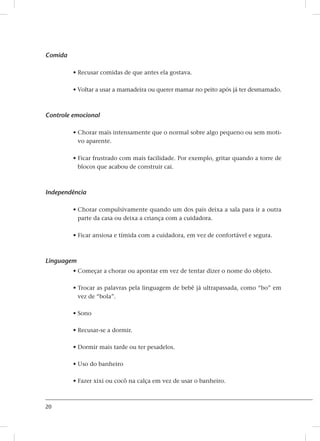 20
Comida
• Recusar comidas de que antes ela gostava.
• voltar a usar a mamadeira ou querer mamar no peito após já ter desmamado.
Controle emocional
• chorar mais intensamente que o normal sobre algo pequeno ou sem moti-
vo aparente.
• ficar frustrado com mais facilidade. Por exemplo, gritar quando a torre de
blocos que acabou de construir cai.
Independência
• chorar compulsivamente quando um dos pais deixa a sala para ir a outra
parte da casa ou deixa a criança com a cuidadora.
• ficar ansiosa e tímida com a cuidadora, em vez de confortável e segura.
Linguagem
• começar a chorar ou apontar em vez de tentar dizer o nome do objeto.
• trocar as palavras pela linguagem de bebê já ultrapassada, como “bo” em
vez de “bola”.
• sono
• recusar-se a dormir.
• dormir mais tarde ou ter pesadelos.
• uso do banheiro
• fazer xixi ou cocô na calça em vez de usar o banheiro.
 