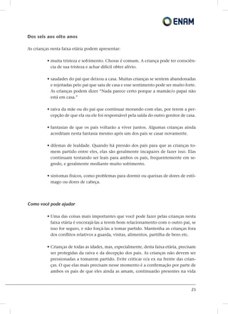 23
Dos seis aos oito anos
As crianças nesta faixa etária podem apresentar:
• muita tristeza e sofrimento. Chorar é comum. A criança pode ter consciên-
cia de sua tristeza e achar difícil obter alívio.
• saudades do pai que deixou a casa. Muitas crianças se sentem abandonadas
e rejeitadas pelo pai que saiu de casa e esse sentimento pode ser muito forte.
As crianças podem dizer “Nada parece certo porque a mamãe/o papai não
está em casa.”
• raiva da mãe ou do pai que continuar morando com elas, por terem a per-
cepção de que ela ou ele foi responsável pela saída do outro genitor de casa.
• fantasias de que os pais voltarão a viver juntos. Algumas crianças ainda
acreditam nesta fantasia mesmo após um dos pais se casar novamente.
• dilemas de lealdade. Quando há pressão dos pais para que as crianças to-
mem partido entre eles, elas são geralmente incapazes de fazer isso. Elas
continuam tentando ser leais para ambos os pais, frequentemente em se-
gredo, e geralmente mediante muito sofrimento.
• sintomas físicos, como problemas para dormir ou queixas de dores de estô-
mago ou dores de cabeça.
Como você pode ajudar
• Uma das coisas mais importantes que você pode fazer pelas crianças nesta
faixa etária é encorajá-las a terem bom relacionamento com o outro pai, se
isso for seguro, e não forçá-las a tomar partido. Mantenha as crianças fora
dos conflitos relativos a guarda, visitas, alimentos, partilha de bens etc.
• Crianças de todas as idades, mas, especialmente, desta faixa etária, precisam
ser protegidas da raiva e da decepção dos pais. As crianças não devem ser
pressionadas a tomarem partido. Evite criticar o/a ex na frente das crian-
ças. O que elas mais precisam nesse momento é a confirmação por parte de
ambos os pais de que eles ainda as amam, continuarão presentes na vida
 