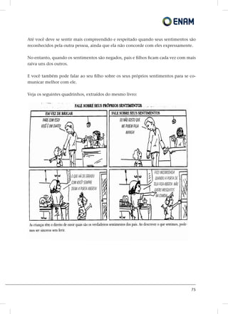 75
Até você deve se sentir mais compreendido e respeitado quando seus sentimentos são
reconhecidos pela outra pessoa, ainda que ela não concorde com eles expressamente.
No entanto, quando os sentimentos são negados, pais e filhos ficam cada vez com mais
raiva uns dos outros.
E você também pode falar ao seu filho sobre os seus próprios sentimentos para se co-
municar melhor com ele.
Veja os seguintes quadrinhos, extraídos do mesmo livro:
 