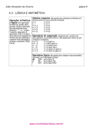 www.revistadoarduino.com.br
João Alexandre da Silveira página 5
A.3 - LÓGICA E ARITMÉTICA
Operações Aritméticas
e lógicas as 4 operações
aritméticas, divisão, multi-
plicação, adição e subtração,
são representadas pelos
símbolos: /, *, + e -, respec-
tivamente, separando os
operandos. E são 3 os opera-
dores lógicos na linguagem do
Arduino que são usados para
comparar duas expressões e
retornar a constante TRUE/
FALSE.
Símbolos compostos são aqueles que combinam os símbolos arit-
méticos entre si e com o sinal de atribuição:
x ++		 // x=x+1
x --		 // x=x-1
x += y		 // x=x+y
x -= y		 // x=x-y
x *= y		 // x=x*y
x /= y		 // x=x/y
Operadores de comparação comparam uma variável com
uma constante, ou variáveis entre si. São usados para testar se uma
condição é verdadeira.
x == y		 // x é igual a y
x != y		 // x não é igual a y
x < y		 // x é menor que y
x > y		 // x é maior que y
x <= y		 // x é menor ou igual a y
x >= y 		 // x é maior ou igual a y
Operadores lógicos são usados para comparar duas expressões,
retornam 1 ou 0 (verdadeiro/falso).
&&	 AND	 porta lógica ‘E’
||	 OR	 porta lógica ‘OU’
!	 NOT	 porta lógica NÃO
 