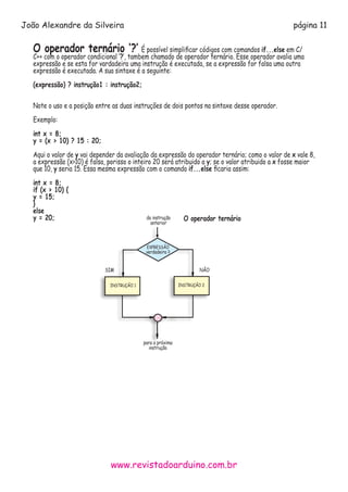 www.revistadoarduino.com.br
João Alexandre da Silveira página 11
O operador ternário ‘?’ É possível simplificar códigos com comandos if...else em C/
C++ com o operador condicional ‘?’, tambem chamado de operador ternário. Esse operador avalia uma
expressão e se esta for vardadeira uma instrução é executada, se a expressão for falsa uma outra
expressão é executada. A sua sintaxe é a seguinte:
(expressão) ? instrução1 : instrução2;			 					
	
Note o uso e a posição entre as duas instruções de dois pontos na sintaxe desse operador.
Exemplo:
int x = 8;
y = (x > 10) ? 15 : 20;
Aqui o valor de y vai depender da avaliação da expressão do operador ternário; como o valor de x vale 8,
a expressão (x>10) é falsa, porisso o inteiro 20 será atribuido a y; se o valor atribuido a x fosse maior
que 10, y seria 15. Essa mesma expressão com o comando if...else ficaria assim:
int x = 8;
if (x > 10) {
y = 15;
}
else
y = 20; O operador ternário
para a próxima
instrução
da instrução
anterior
NÃO
INSTRUÇÃO 1
SIM
INSTRUÇÃO 2
EXPRESSÃO
verdadeira ?
 