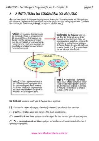 ARDUINO - Cartilha para Programação em C - Edição 1.0 página 2
www.revistadoarduino.com.br
A - A ESTRUTURA DA LINGUAGEM DO ARDUINO
A estrutura básica da linguagem de programação do Arduino é bastante simples; ela é formada por
dois blocos de funções que carregam outros blocos de funções escritas em linguagem C/C++. O primeiro
bloco de funções forma a função setup( ); o segundo, a função loop( ).
Os Símbolos usados na construção de funções são os seguintes:
{ } - Dentro das chaves vão os procedimentos (statements) que a função deve executar;
; - O ponto-e-vírgula é usado para marcar o final de um procedimento;
// - comentário de uma linha: qualquer caracter depois das duas barras é ignorado pelo programa;
/*...*/ - comentário em várias linhas: qualquer texto colocado entre esses simbolos tambem é
ignorado pelo programa.
Funções em linguagens de programação
são como sub-rotinas ou procedimentos;
são pequenos blocos de programas usa-
dos para montar o programa principal.
Elas são escritas pelo programador para
realizar tarefas repetitivas, ou podem ser
importadas prontas para o programa em
forma de bibliotecas.
Declaração da Função toda fun-
ção deve ser declarada antes de ser
chamada atribuindo-lhe um tipo e um
nome seguido de parênteses, onde serão
colocados os parâmetros de passagem
da função. Depois do nome são definidos
entre as chaves ‘ { ‘e ‘} ‘os procedimen-
tos que a função vai executar.
setup( ): Essa é a primeira função a
ser chamada quando o programa inicia.
E é executada apenas nessa primeira
vez. Esta é uma função de preparação:
ela dita o comportamento dos pinos do
Arduino e inicializa a porta serial.
loop( ): A função loop( ) é chamada
logo a seguir e todas as funções embar-
cadas nela são repetidamente executa-
das. Ela fica lendo os pinos de entrada
do Arduino e comandando os pinos de
saída e a porta serial.
 
