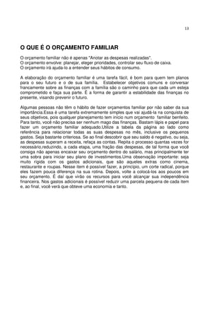 13




O QUE É O ORÇAMENTO FAMILIAR
O orçamento familiar não é apenas "Anotar as despesas realizadas".
O orçamento envolve: planejar, eleger prioridades, controlar seu fluxo de caixa.
O orçamento irá ajuda-lo a entender seus hábitos de consumo.

A elaboração do orçamento familiar é uma tarefa fácil, é bom para quem tem planos
para o seu futuro e o de sua família. Estabelecer objetivos comuns e conversar
francamente sobre as finanças com a família são o caminho para que cada um esteja
comprometido e faça sua parte. É a forma de garantir a estabilidade das finanças no
presente, visando prevenir o futuro.

Algumas pessoas não têm o hábito de fazer orçamentos familiar por não saber da sua
importância.Essa é uma tarefa extremamente simples que vai ajudá-la na conquista de
seus objetivos, pois qualquer planejamento tem início num orçamento familiar benfeito.
Para tanto, você não precisa ser nenhum mago das finanças. Bastam lápis e papel para
fazer um orçamento familiar adequado.Utilize a tabela da página ao lado como
referência para relacionar todas as suas despesas no mês, inclusive os pequenos
gastos. Seja bastante criteriosa. Se ao final descobrir que seu saldo é negativo, ou seja,
as despesas superam a receita, refaça as contas. Repita o processo quantas vezes for
necessário,reduzindo, a cada etapa, uma fração das despesas, de tal forma que você
consiga não apenas encaixar seu orçamento dentro do salário, mas principalmente ter
uma sobra para iniciar seu plano de investimentos.Uma observação importante: seja
muito rígida com os gastos adicionais, que são aqueles extras como cinema,
restaurante e roupas. Nesse item é possível fazer, a princípio, um corte radical, porque
eles fazem pouca diferença na sua rotina. Depois, volte a colocá-los aos poucos em
seu orçamento. É daí que virão os recursos para você alcançar sua independência
financeira. Nos gastos adicionais é possível reduzir uma parcela pequena de cada item
e, ao final, você verá que obteve uma economia e tanto.
 