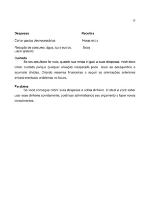 15



Despesas                                      Receitas

Cortar gastos desnecessários                   Horas extra

Redução de consumo, água, luz e outros.        Bicos
Lazer gratuito.

Cuidado
     Se seu resultado for nulo, quando sua renda é igual a suas despesas, você deve
tomar cuidado porque qualquer situação inesperada pode       levar ao desequilíbrio e
acumular dívidas. Criando reservas financeiras e seguir as orientações anteriores
evitará eventuais problemas no futuro.

Parabéns
     Se você consegue cobrir suas despesas e sobra dinheiro. O ideal é você saber
usar esse dinheiro corretamente, continuar administrando seu orçamento e fazer novos
investimentos.
 