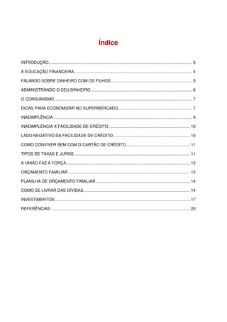 Índice

INTRODUÇÃO ............................................................................................................................ 3

A EDUCAÇÃO FINANCEIRA ...................................................................................................... 4

FALANDO SOBRE DINHEIRO COM OS FILHOS ...................................................................... 5

ADMINISTRANDO O SEU DINHEIRO........................................................................................ 6

O CONSUMISMO ....................................................................................................................... 7

DICAS PARA ECONOMIZAR NO SUPERMERCADO ................................................................ 7

INADIMPLÊNCIA ........................................................................................................................ 9

INADIMPLÊNCIA X FACILIDADE DE CRÉDITO ...................................................................... 10

LADO NEGATIVO DA FACILIDADE DE CRÉDITO .................................................................. 10

COMO CONVIVER BEM COM O CARTÃO DE CRÉDITO ....................................................... 11

TIPOS DE TAXAS E JUROS .................................................................................................... 11

A UNIÃO FAZ A FORÇA........................................................................................................... 12

ORÇAMENTO FAMILIAR ......................................................................................................... 12

PLANILHA DE ORÇAMENTO FAMILIAR ................................................................................. 14

COMO SE LIVRAR DAS DÍVIDAS ............................................................................................ 14

INVESTIMENTOS..................................................................................................................... 17

REFERÊNCIAS ....................................................................................................................... 20
 